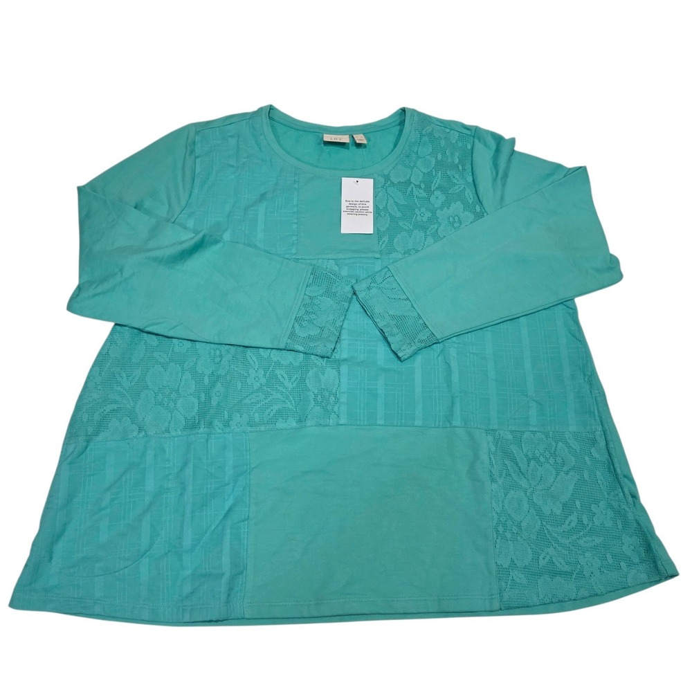 LOGO Lori Goldstein LIFE Top Women XL Teal NWOT Patchwork Lace Long Sleeve Tunic